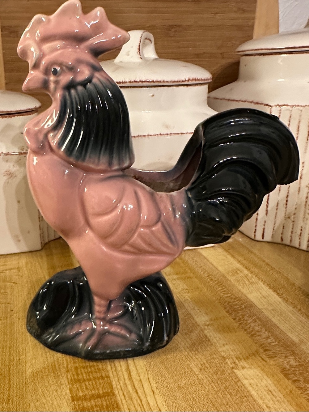 Rooster hanging wall planter Vtg MCM pink shabby rare